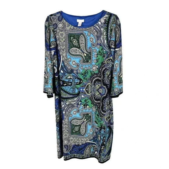 CHICOS 1 Medium Blue White Paisley 3/4 Sleeve Knit Bodycon Outdoor Shift Dress - Picture 9 of 16
